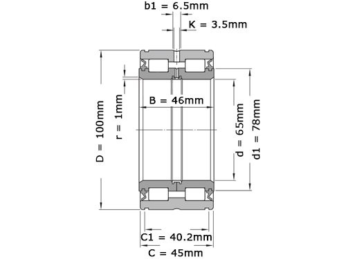 Foto van NKE Cilinderlager Tweerijig Volrollig NNF5013 A 2LS V (65x100x46mm) NKE Cilinderlager Tweerijig Volrollig NNF5013 A 2LS V (65x100x46mm)