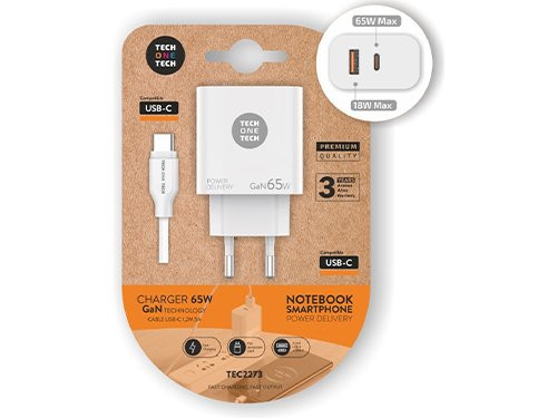 USB + USB-C snellader 65W PD wit + USB-C kabel 1,2m