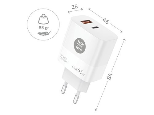 USB + USB-C snellader 65W PD wit + USB-C kabel 1,2m