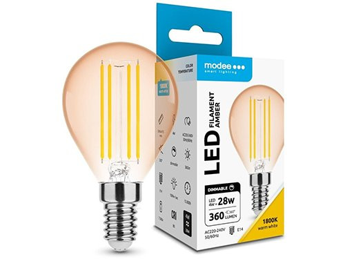 Foto van Modee LED kogel E14 4-28W 1800K filament amber dimbaar Modee LED kogel E14 4-28W 1800K filament amber dimbaar