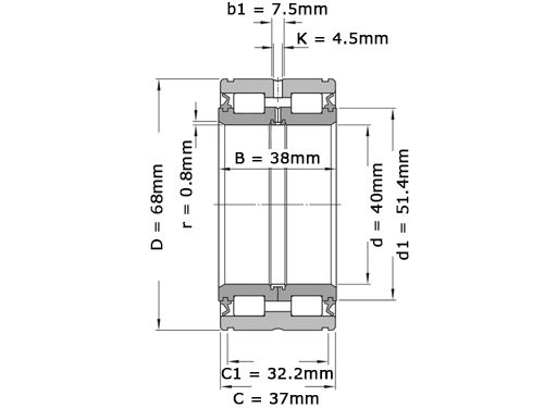 Foto van SKF Cilinderlager Tweerijig NNF5008 ADB 2LSV (40x68x38mm) SKF Cilinderlager Tweerijig NNF5008 ADB 2LSV (40x68x38mm)