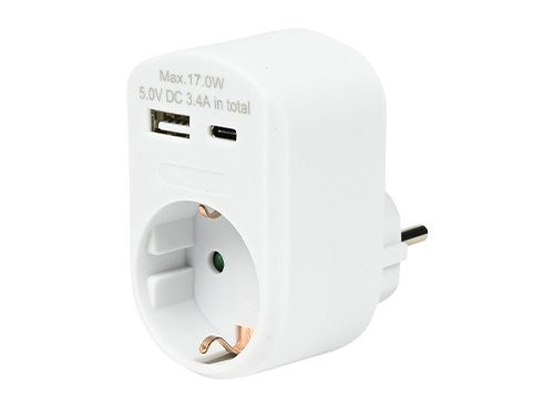 USB + USB-C lader met randaarde adapter 17W wit