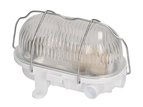 Foto van Wandlamp E27 ovaal pvc met glas en metalen korf wit Wandlamp E27 ovaal pvc met glas en metalen korf wit