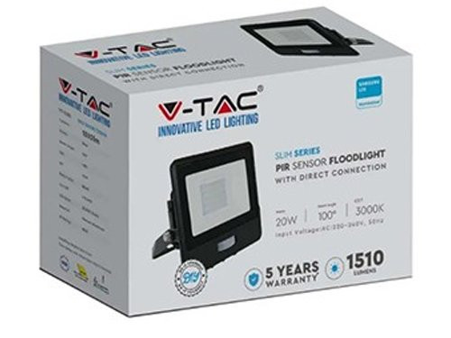 Foto van V-TAC LED Bouwlamp 20W 3000K zwart met sensor + kabelinvoer V-TAC LED Bouwlamp 20W 3000K zwart met sensor + kabelinvoer