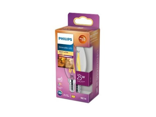 Foto van Philips LED kaars E14 2,5-25W filament helder WarmGlow blister Philips LED kaars E14 2,5-25W filament helder WarmGlow blister