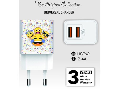 USB lader 2 x USB wit Emoticons print