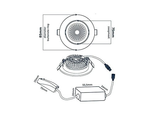 Foto van LED inbouwspot 5W 2700K 85mm 60gr rond verstelbaar geschuurd staal LED inbouwspot 5W 2700K 85mm 60gr rond verstelbaar geschuurd staal
