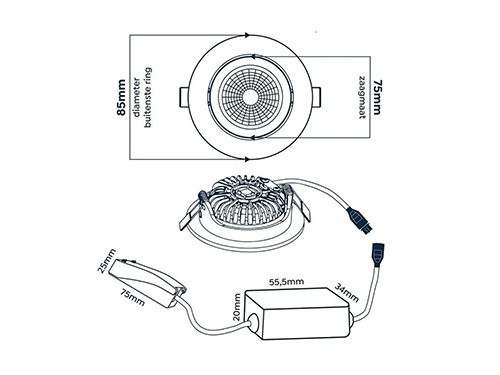 LED inbouwspot 5W 2700K 85mm 60gr rond verstelbaar zwart