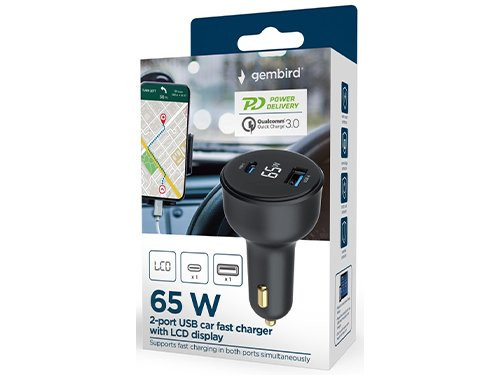 USB + USB-C autolader 65W zwart + status LCD