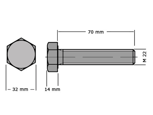 Zeskanttapbout Voldraad DIN 933 M22x70 RVS A2