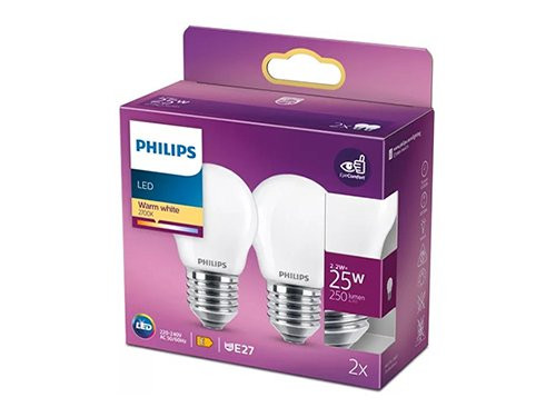 Foto van Philips LED kogel E27 2,2-25W 2700K filament mat blister(2) Philips LED kogel E27 2,2-25W 2700K filament mat blister(2)