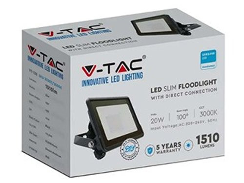 Foto van V-TAC LED Bouwlamp 20W 6500K zwart + kabelinvoer V-TAC LED Bouwlamp 20W 6500K zwart + kabelinvoer