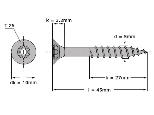Spaanplaatschroef VK-T 5x45 Zn T25 (200 stuks)
