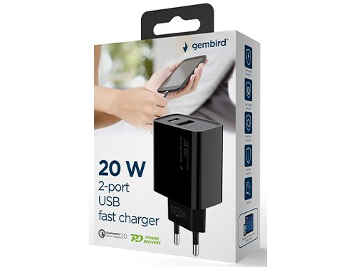 USB + USB-C snellader 20W zwart
