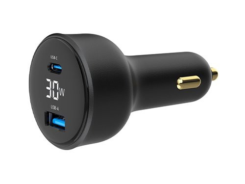 USB + USB-C autolader 30W zwart + status LCD