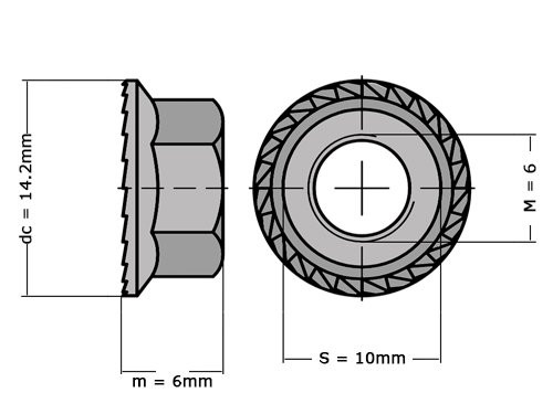 Zeskantflensmoer met vertanding DIN 6923 M6 Klasse 8 Verzinkt
