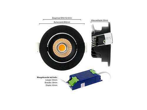 Foto van LED inbouwspot 5W 2700K 62mm 60gr rond verstelbaar zwart LED inbouwspot 5W 2700K 62mm 60gr rond verstelbaar zwart