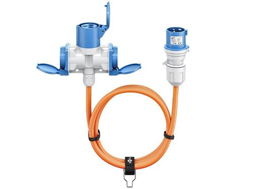 CEE verloopsnoer 10m CEE stekker naar CEE contra + 2x contra uitvoer