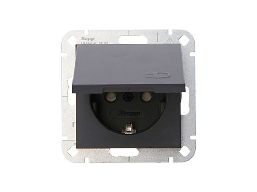 Foto van Kopp HK07 antraciet inbouw stopcontact wcd RA met deksel + kinderbeveiliging Kopp HK07 antraciet inbouw stopcontact wcd RA met deksel + kinderbeveiliging