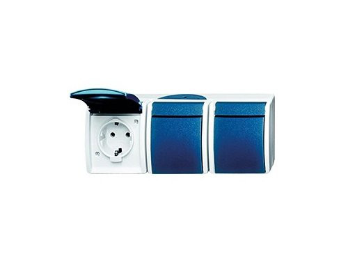 Foto van Busch Jaeger SWD opbouw stopcontact RA 3 voudig horizontaal blauw Busch Jaeger SWD opbouw stopcontact RA 3 voudig horizontaal blauw