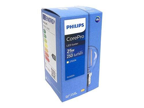 Philips LED kogel E14 2-25W 2700K filament helder