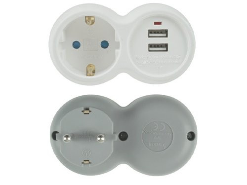 Stekkeradapter + 2x USB horizontaal wit/grijs