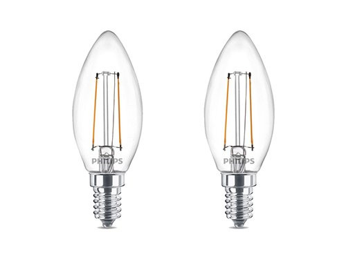 Foto van Philips LED kaars E14 2-25W 2700K filament helder blister(2) Philips LED kaars E14 2-25W 2700K filament helder blister(2)