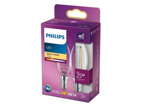 Foto van Philips LED kaars E14 2-25W 2700K filament helder blister(2) Philips LED kaars E14 2-25W 2700K filament helder blister(2)