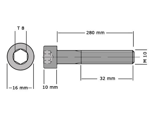 Cilinderbout met binnenzeskant DIN 912 M10x280 RVS A2