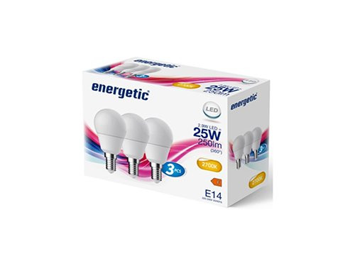 Foto van Energetic LED kogel E14 2,9-25W 2700K mat doos a3 Energetic LED kogel E14 2,9-25W 2700K mat doos a3