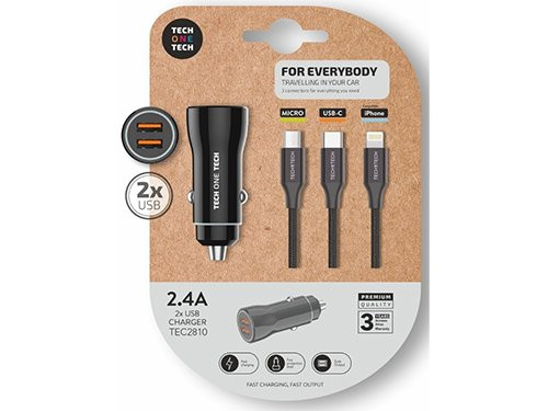 USB autolader dubbel 12V-24V + multi USB kabel
