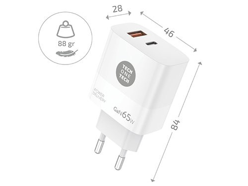 USB + USB-C snellader 65W PD wit