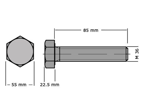 Zeskanttapbout Voldraad DIN 933 M36x85 RVS A2
