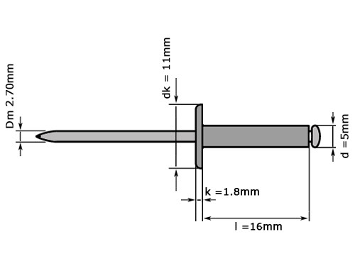 Blindklinknagel DIN 7337 Grote Platbolkop 5x16mm Kop 11mm Aluminium/RVS A2