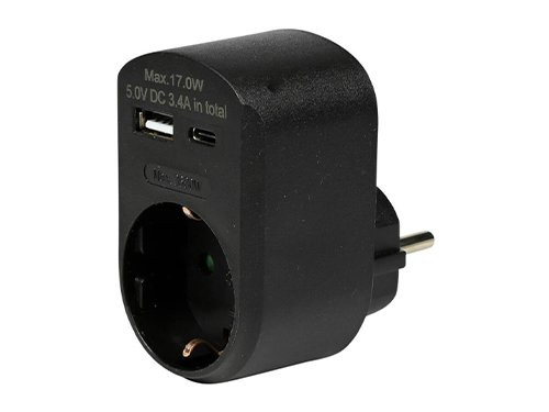 Foto van USB + USB-C lader met randaarde adapter 17W zwart USB + USB-C lader met randaarde adapter 17W zwart