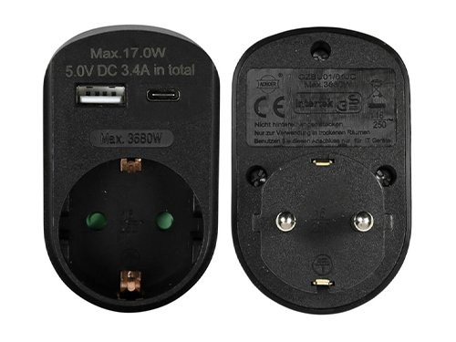 Foto van USB + USB-C lader met randaarde adapter 17W zwart USB + USB-C lader met randaarde adapter 17W zwart