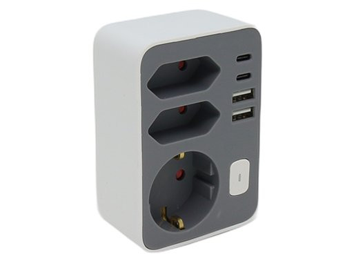 Stekkeradapter multi +USB +USB-C wit/grijs