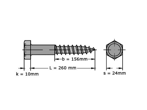 Zeskant houtdraadbout DIN 571 M16x260 Verzinkt