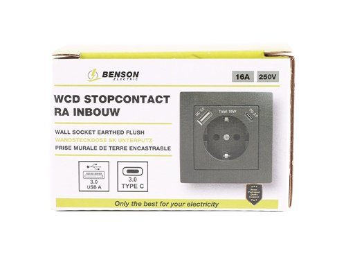 Foto van Benson inbouw stopcontact wcd RA + USB en USB-C zwart Benson inbouw stopcontact wcd RA + USB en USB-C zwart