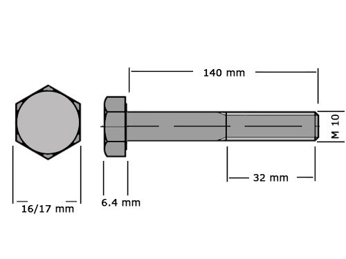 Zeskanttapbout Deeldraad DIN 931 M10x140mm 10.9 Verzinkt 