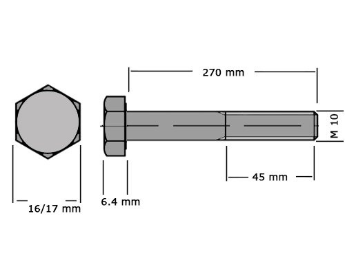 Foto van Zeskanttapbout Deeldraad DIN 931 M10x270mm 8.8 Onbehandeld Zeskanttapbout Deeldraad DIN 931 M10x270mm 8.8 Onbehandeld