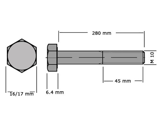 Foto van Zeskanttapbout Deeldraad DIN 931 M10x280mm RVS A4 Zeskanttapbout Deeldraad DIN 931 M10x280mm RVS A4