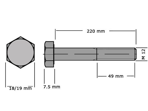 Foto van Zeskanttapbout Deeldraad DIN 931 M12x220mm RVS A4 Zeskanttapbout Deeldraad DIN 931 M12x220mm RVS A4
