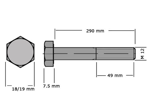 Foto van Zeskanttapbout Deeldraad DIN 931 M12x290mm 8.8 Onbehandeld Zeskanttapbout Deeldraad DIN 931 M12x290mm 8.8 Onbehandeld