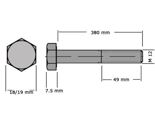 Foto van Zeskanttapbout Deeldraad DIN 931 M12x380mm RVS A4 Zeskanttapbout Deeldraad DIN 931 M12x380mm RVS A4