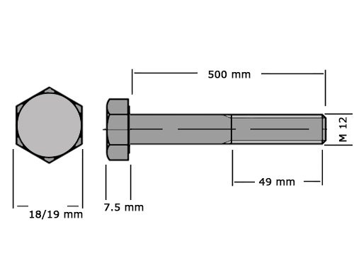 Foto van Zeskanttapbout Deeldraad DIN 931 M12x500mm 8.8 Onbehandeld Zeskanttapbout Deeldraad DIN 931 M12x500mm 8.8 Onbehandeld