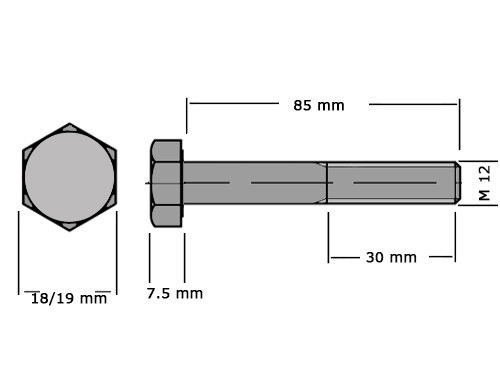 Zeskanttapbout Deeldraad DIN 931 M12x85mm RVS A4 
