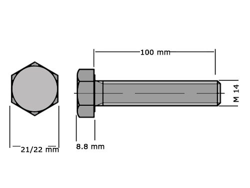 Zeskanttapbout Voldraad DIN 933 M14x100mm 10.9 Onbehandeld 
