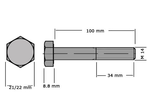 Foto van Zeskanttapbout Deeldraad DIN 931 M14x100mm RVS A4 Zeskanttapbout Deeldraad DIN 931 M14x100mm RVS A4
