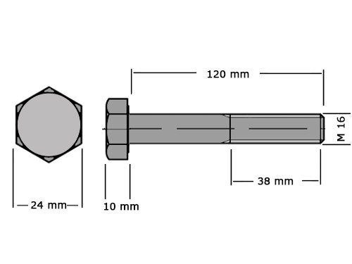 Zeskanttapbout Deeldraad DIN 931 M16x120mm 10.9 Verzinkt 